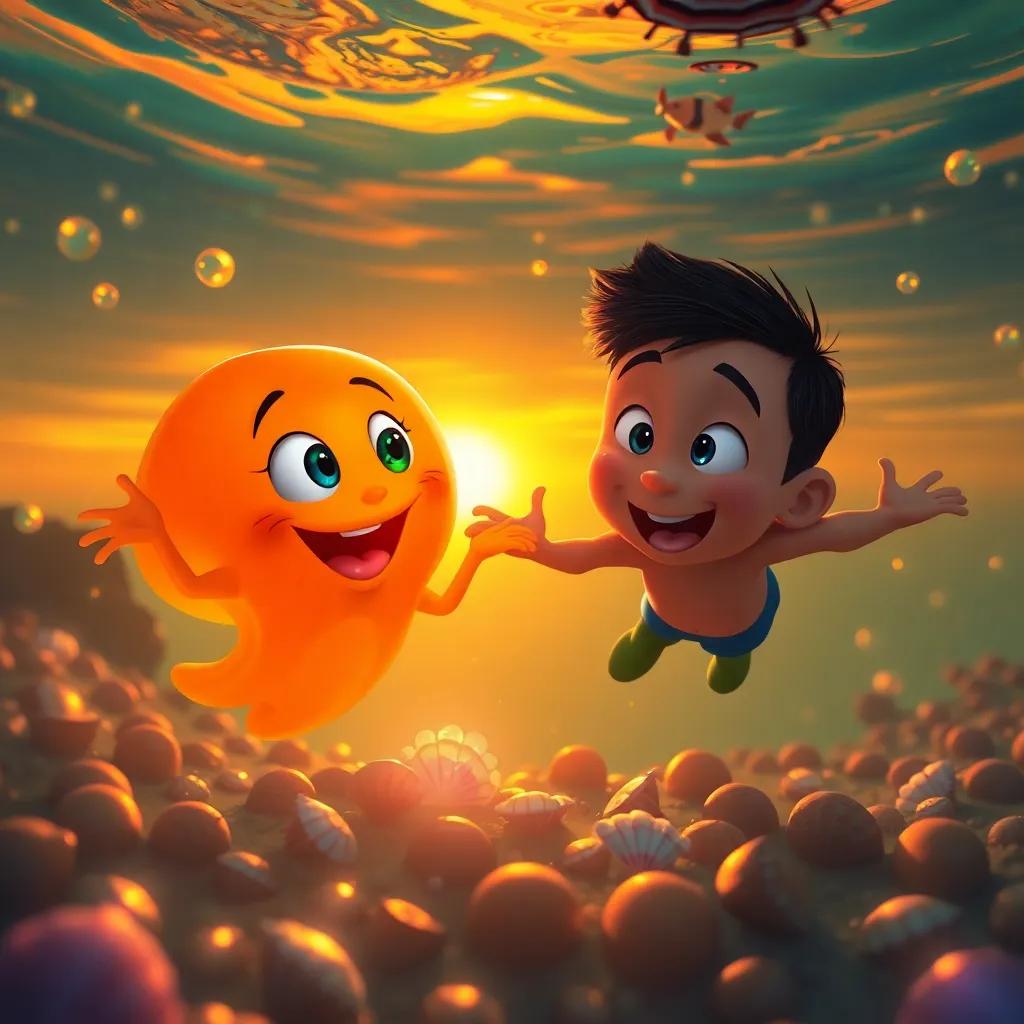 A sunset scene underwater with Jelly and Carl playing and finding shiny shells, the water glowing in warm colors, both filled with joy, playful and fun, bright and colorful, high quality