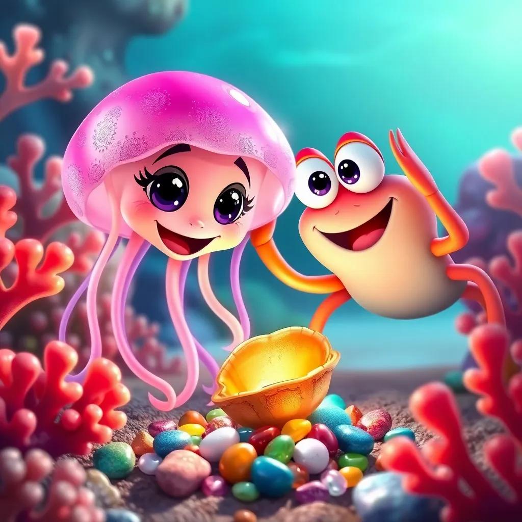 Jelly and Crab Carl looking at their treasure find, a shiny shell and colorful pebbles, both smiling wide, surrounded by bright corals, magical and cheerful, vibrant, high quality