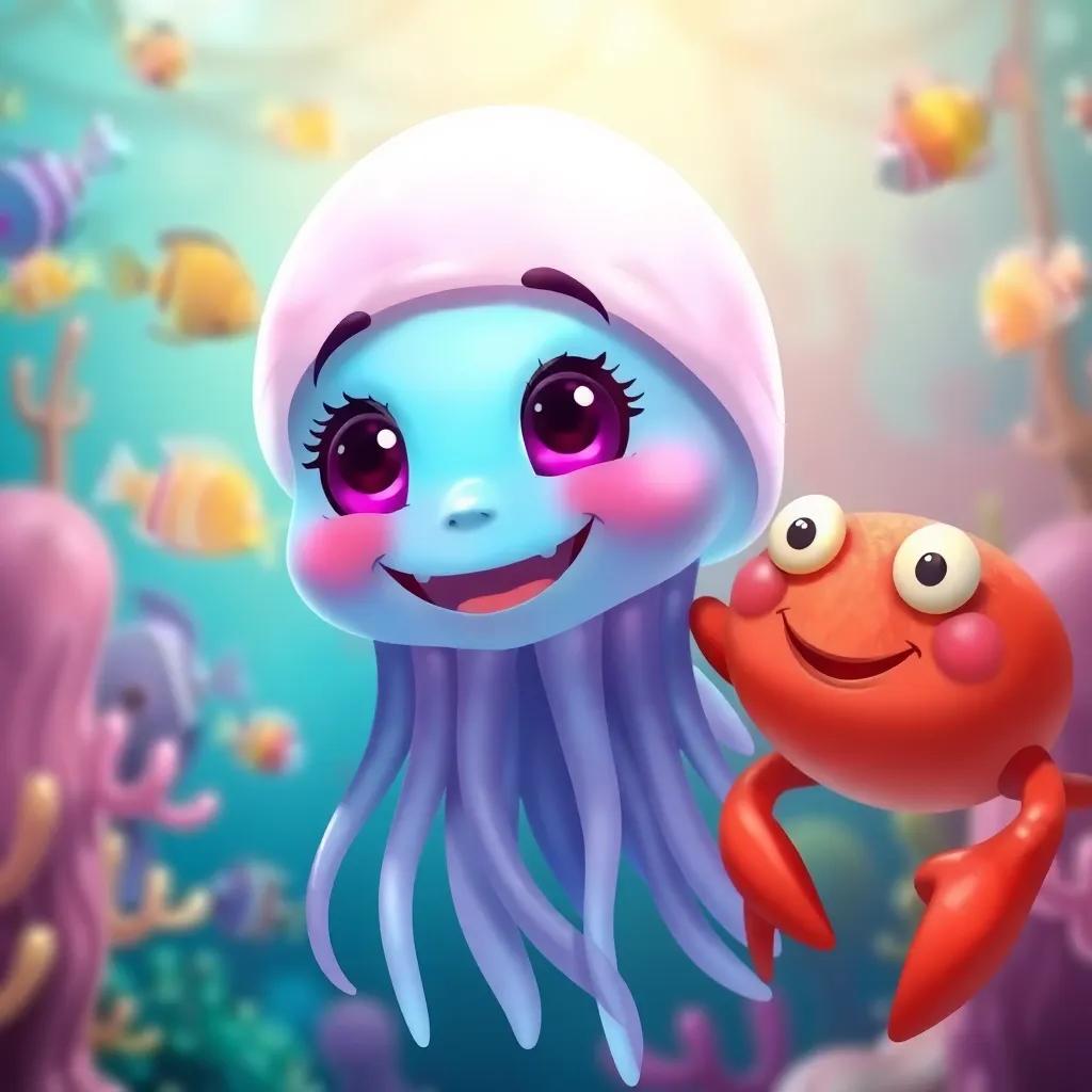 Jellyfish Jelly having a big smile on her face after a fun day, with Crab Carl beside her, colorful underwater background with dancing fish, joyful and playful vibe, bright and inviting, high quality