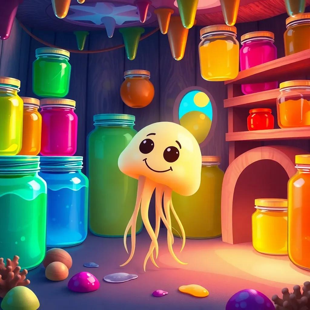 A colorful jelly-filled home with jars of jelly in bright colors; a jellyfish is pondering which jelly to use, digital art, playful, happy atmosphere, underwater