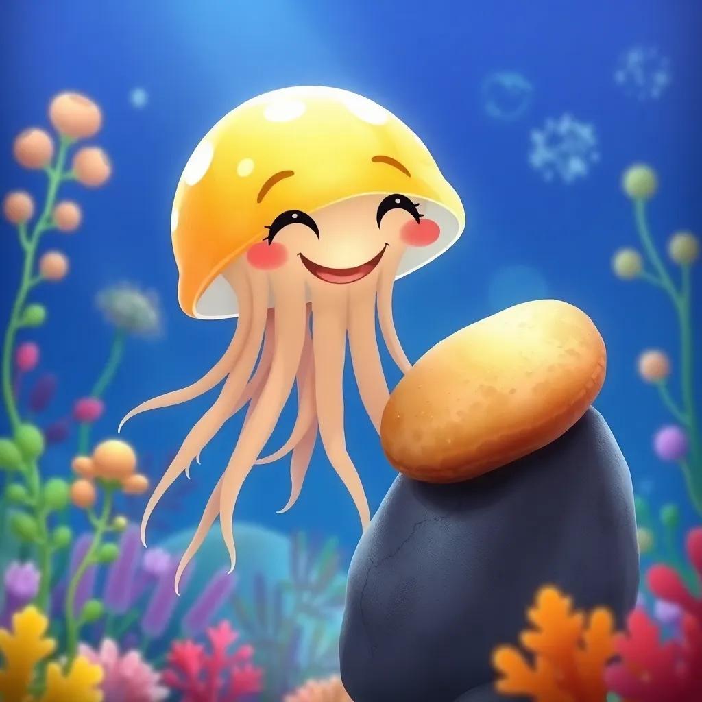 A jellyfish picking up soft seaweed bread near a rock in the ocean, joyful expression, colorful underwater plants surrounding, illustration, bright, inviting