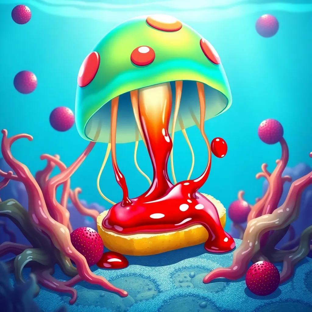 A jellyfish spreading bright red strawberry jelly on the seaweed bread with gooey tentacles, vivid colors, detailed underwater art, cheerful, engaging scene