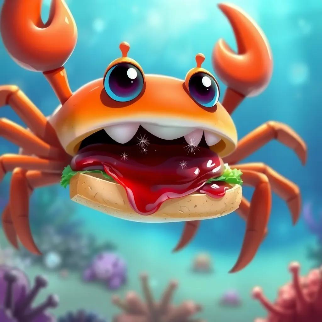 A crab taking a big bite of a jam sandwich, with sparkling eyes of happiness, colorful underwater setting, illustration, uplifting and joyful atmosphere