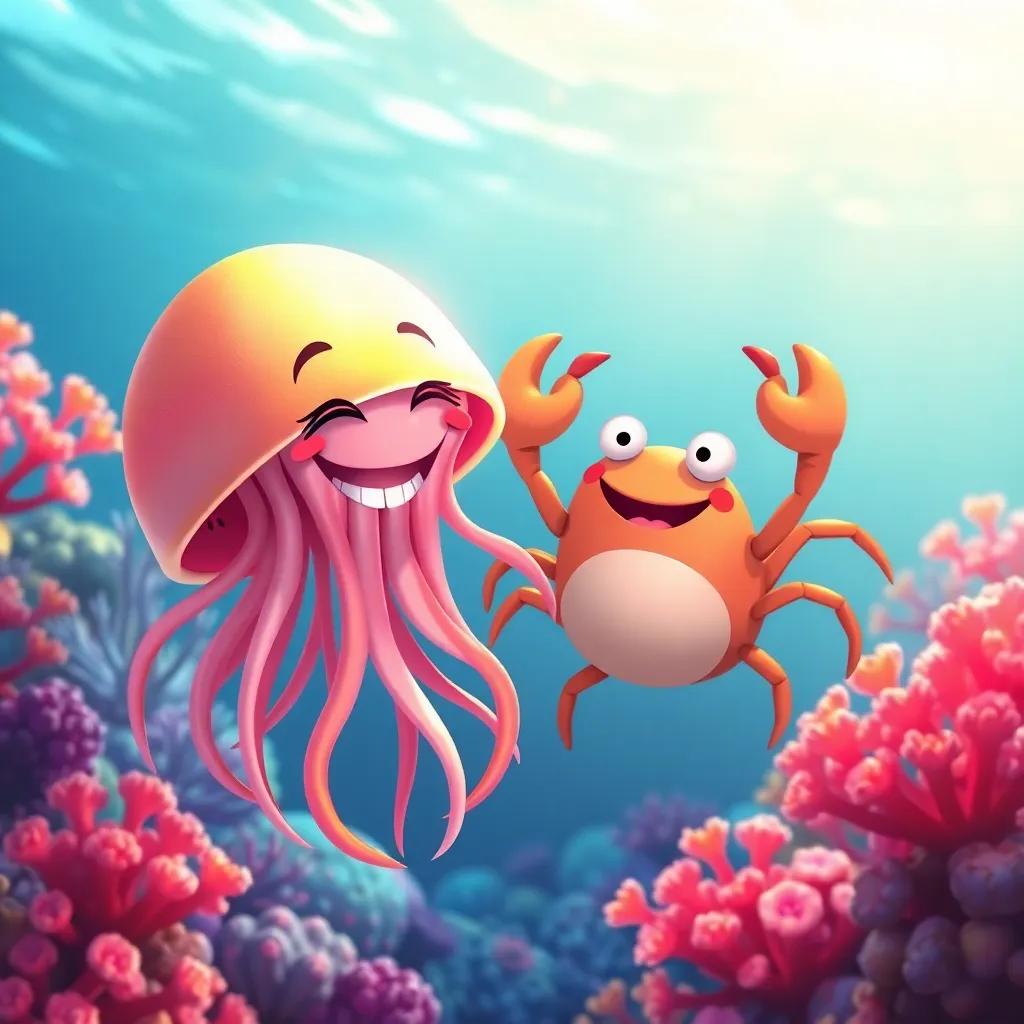A jellyfish and a crab sharing laughs, playing in the sun, vibrant coral reefs around them, joyful expressions, fun atmosphere, digital art, lively