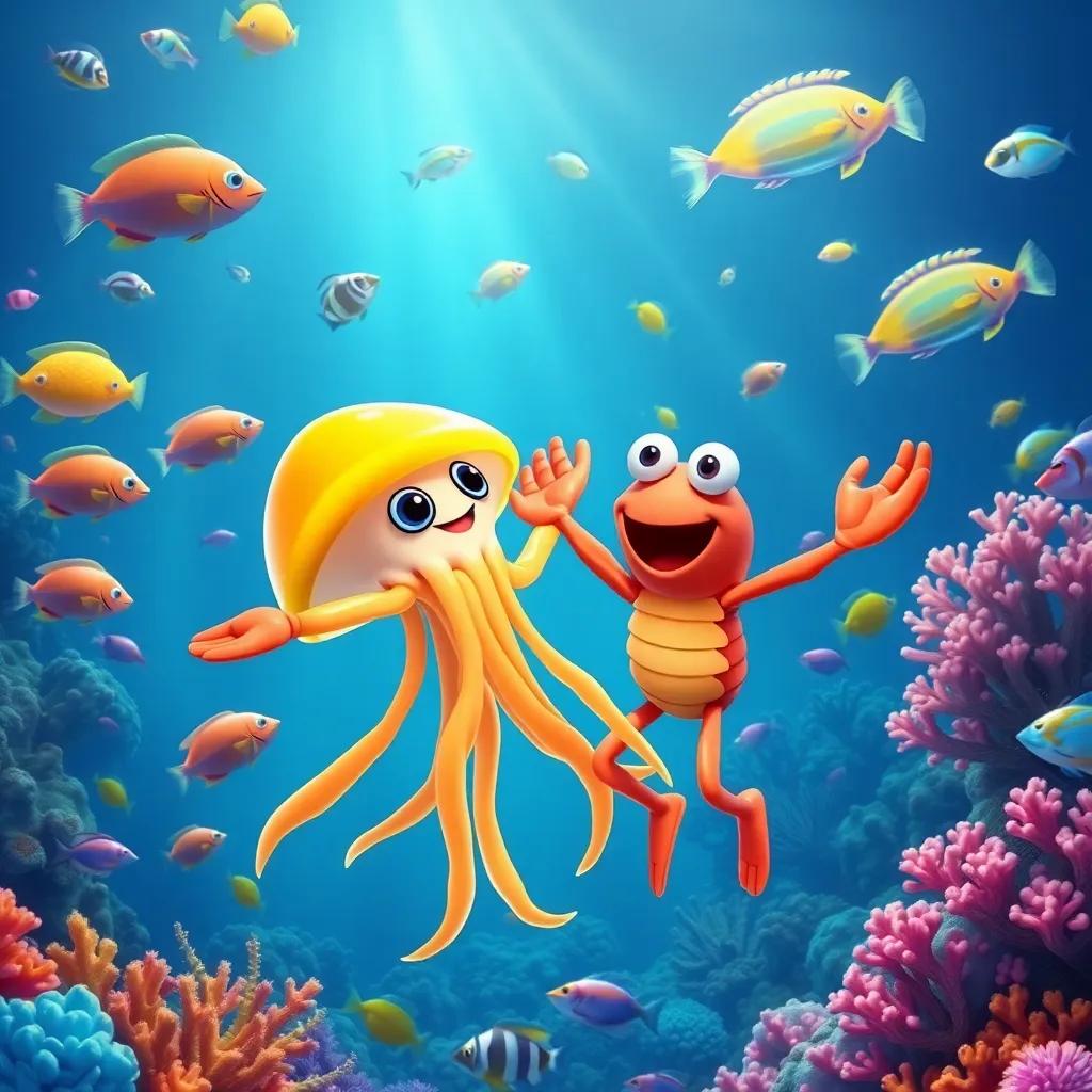 A jellyfish and crab dancing together in the ocean, surrounded by colorful fish and coral, detailed underwater scene, cheerful and energetic mood
