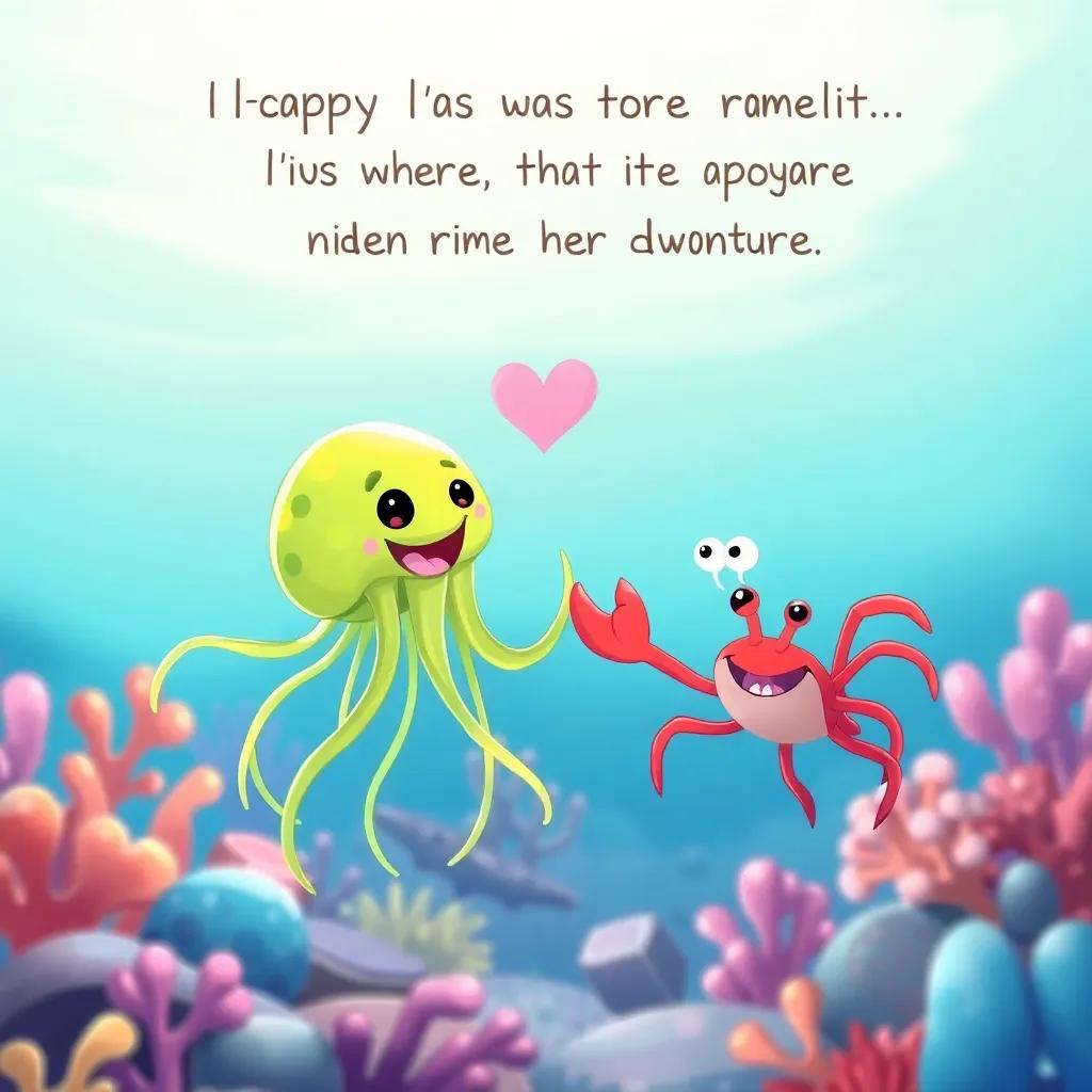 A united jellyfish and crab in a colorful ocean setting, making promises for more adventures, heartwarming scene, illustration, bright and happy