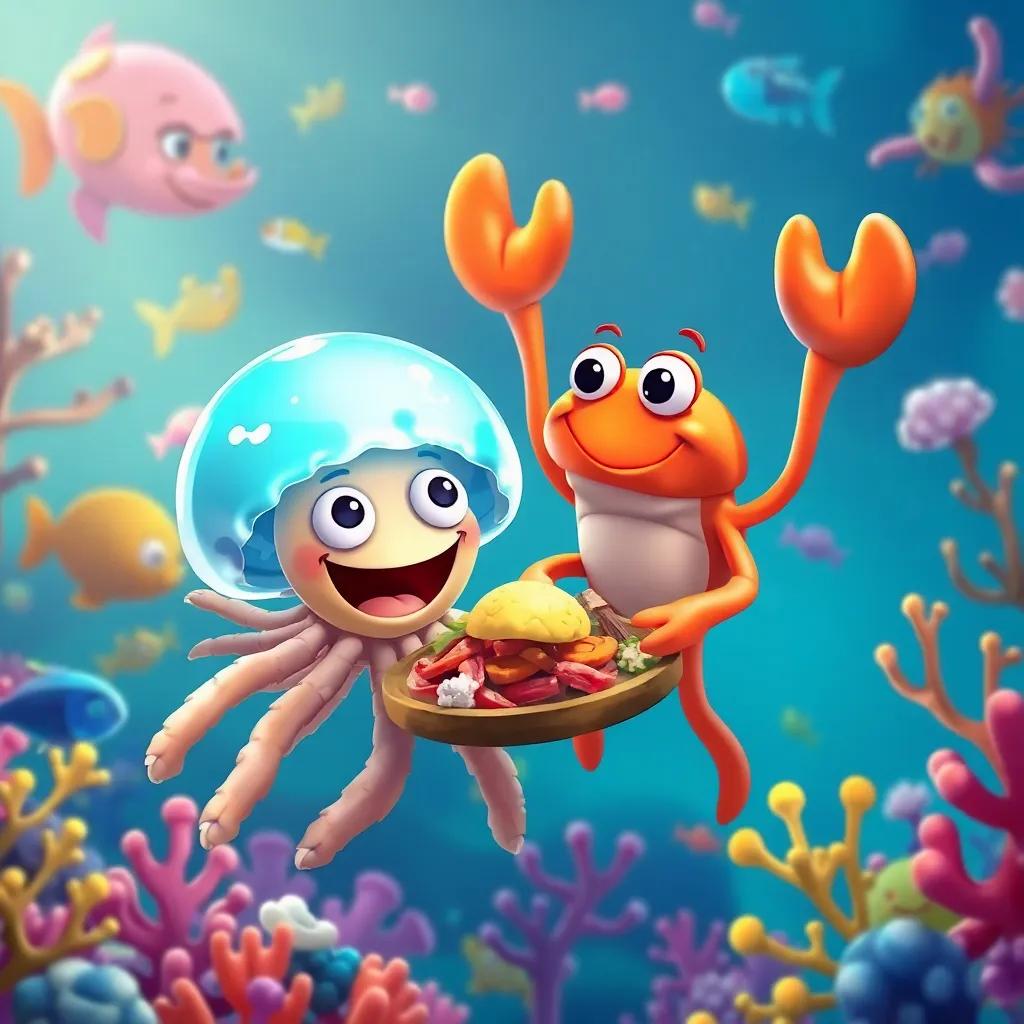 A joyful jellyfish and crab surrounded by colorful ocean life, celebrating friendship after sharing a meal, digital art, warm and inviting atmosphere