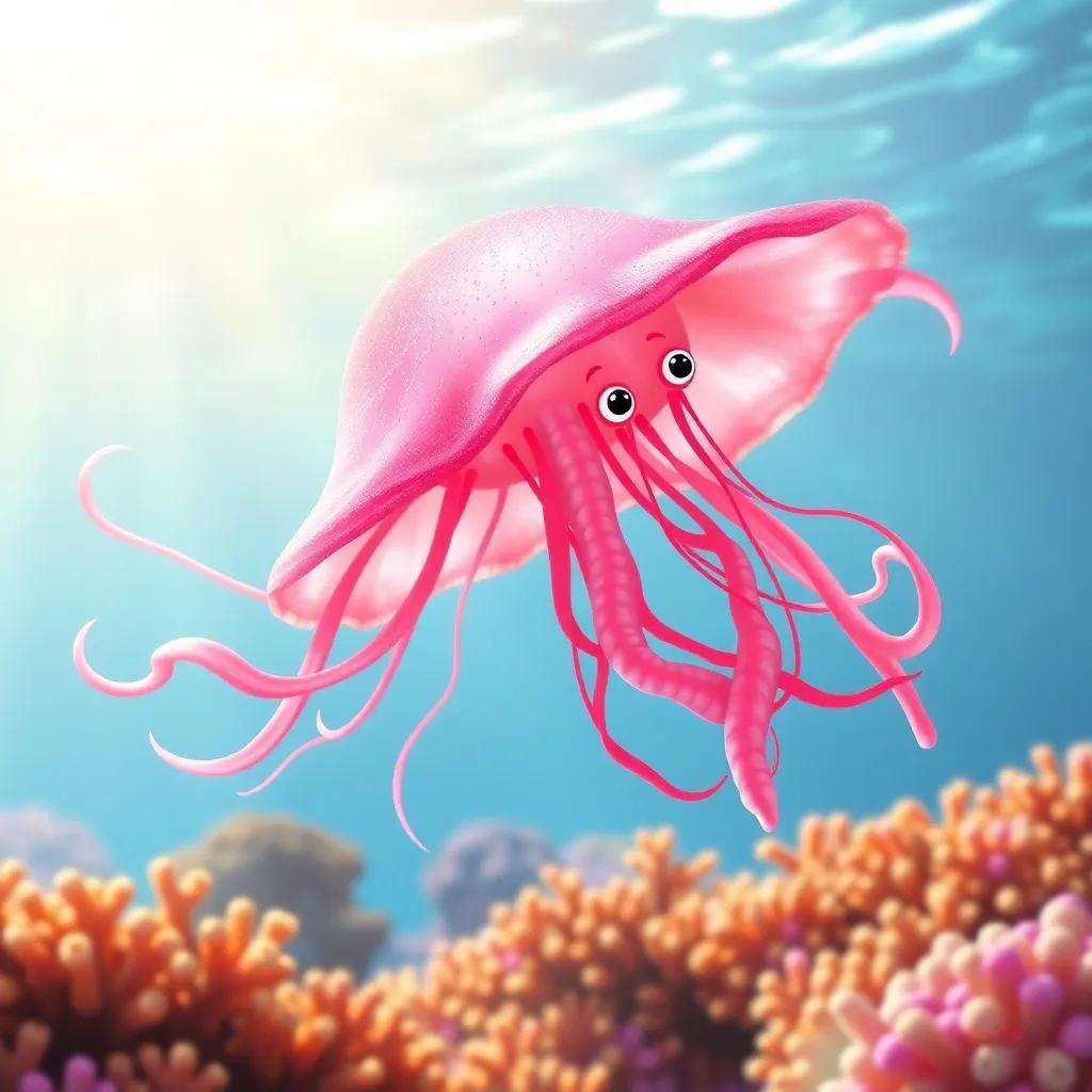 A bright underwater scene with a jellyfish named Jelly, shimmering pink with flowing tentacles, excitedly drifting through a coral reef, warm sunlight filtering in, vibrant colors, cheerful atmosphere, digital art, rich details, high quality