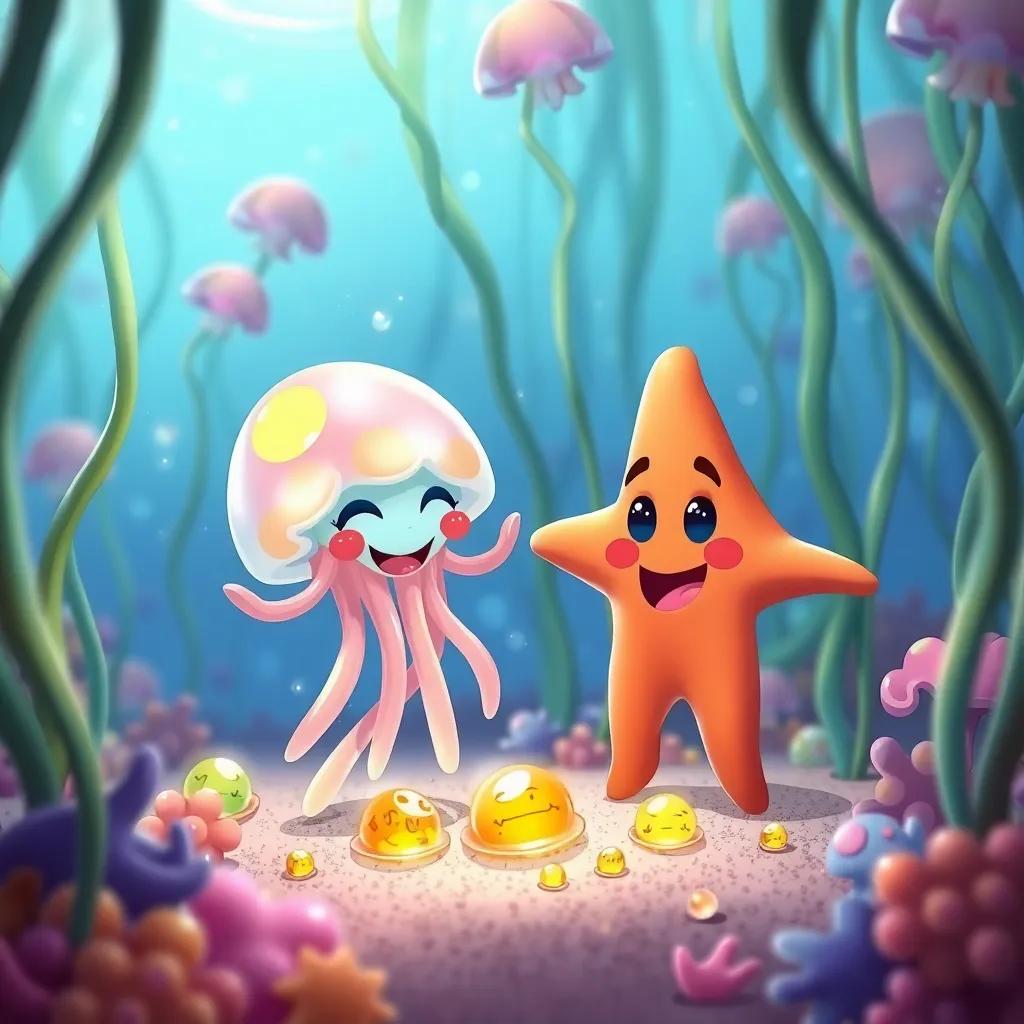 Jelly the jellyfish and Starry the starfish, cheerful friends in the seaweed forest, collecting colorful jelly from jellyfish flowers, lively colors, soft lighting, playful scene, digital illustration, highly detailed, whimsical