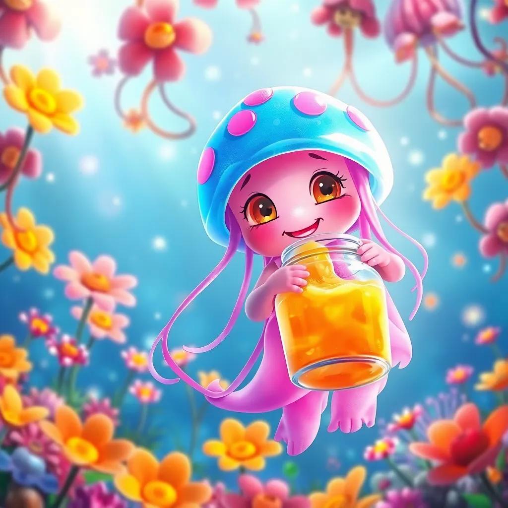 Jelly the jellyfish gently gathering jelly in her jar, surrounded by colorful jellyfish flowers, bright and colorful underwater landscape, joyful feeling, colorful, sparkling lights, magical atmosphere, digital art, vivid details, child-friendly