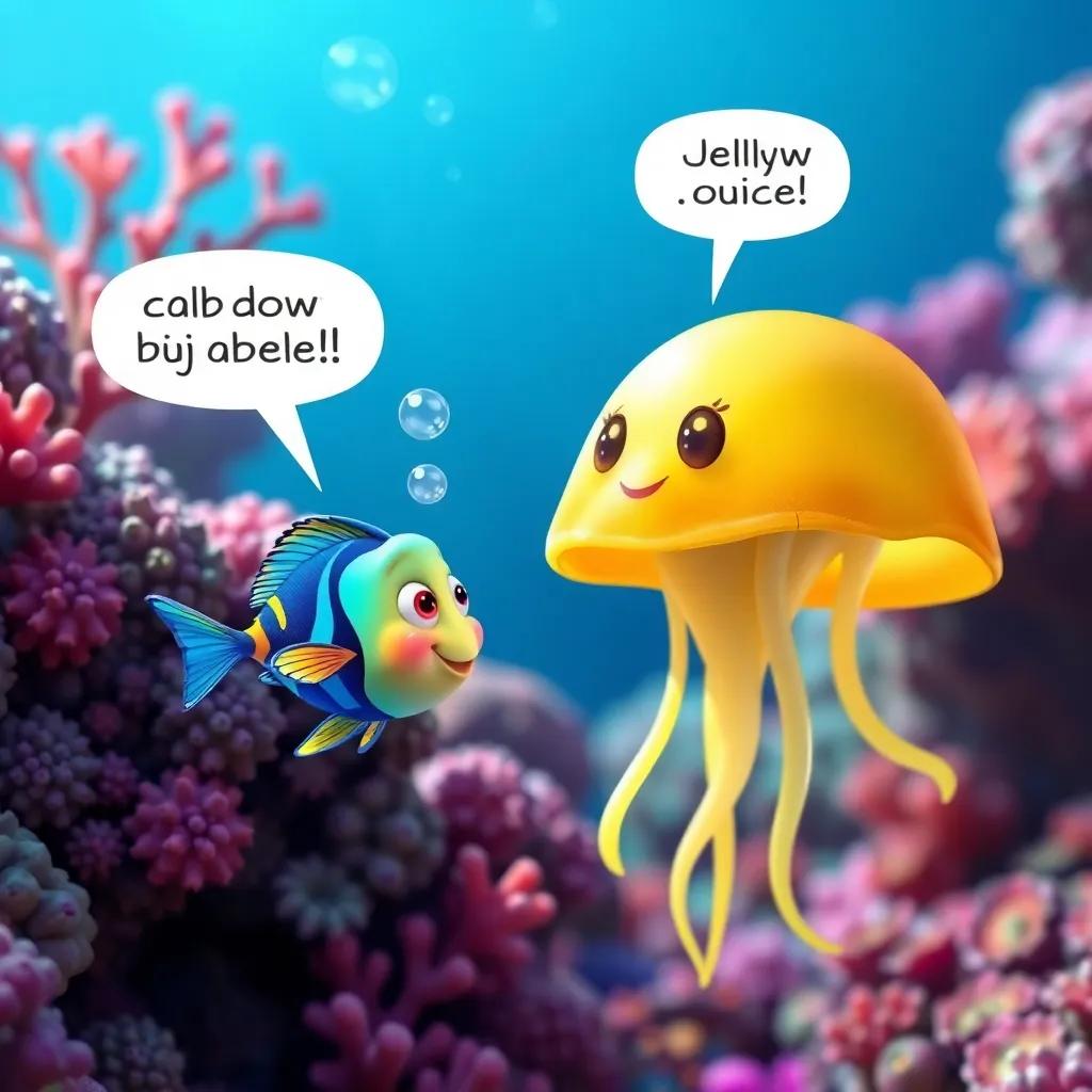 Bubbly the fish, small and colorful, blowing bubbles near a big coral reef, Jelly the jellyfish asking for juice, playful dialogue, inviting coral background, bright colors, happy scene, digital art, engaging perspective, high quality