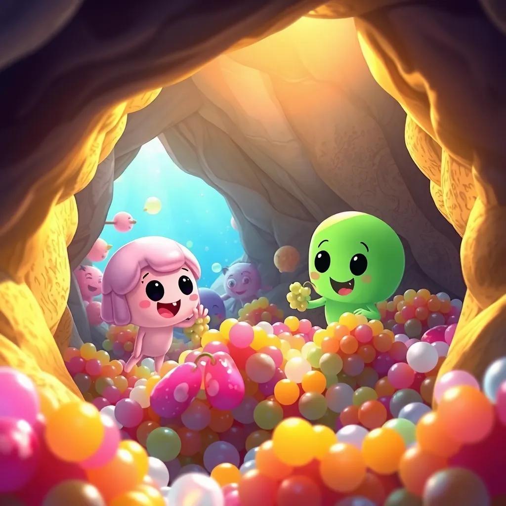 Jelly and Bubbly exploring a cave filled with sparkling juice sea grapes, collecting the grapes enthusiastically, cute ocean creatures peeking through, bright and cheerful, golden sunlight, magical underwater world, digital illustration, rich details