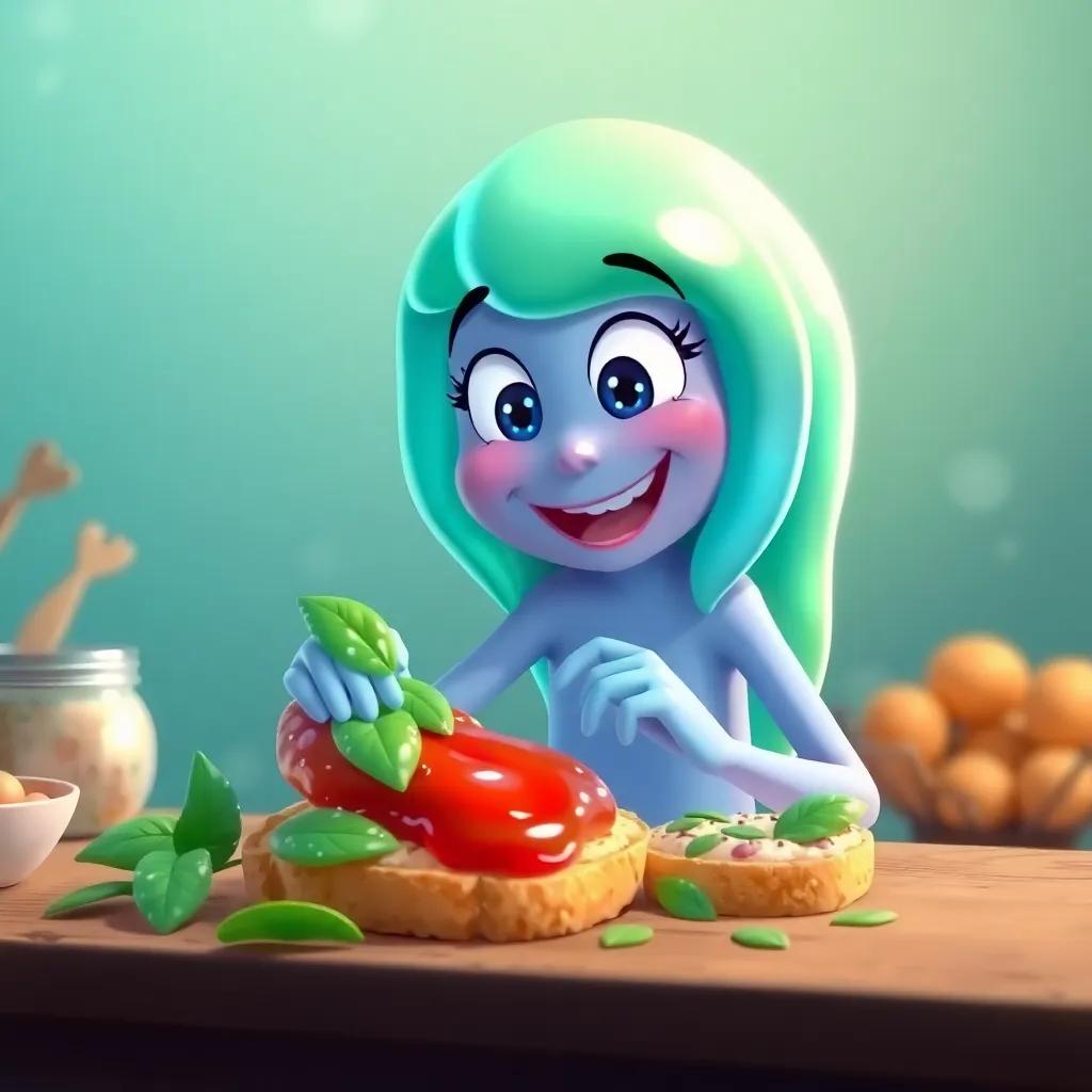 Jelly making her sandwich with sea foam bread, spreading jelly and adding sea leaves, wide grin, bright colors and playful atmosphere, joyful creation, high quality, vibrant details, inviting scene