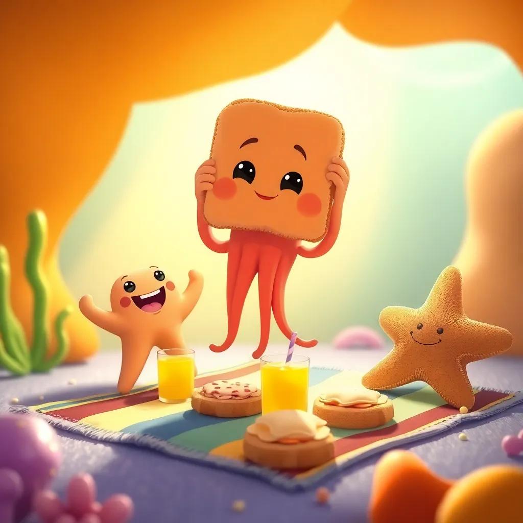 Jelly the jellyfish holding up her sandwich proudly, smiling at Starry the starfish, colorful blanket on ocean floor with sandwiches and juice, bright and cheerful setting, warm light, engaging perspective, digital illustration, child-friendly