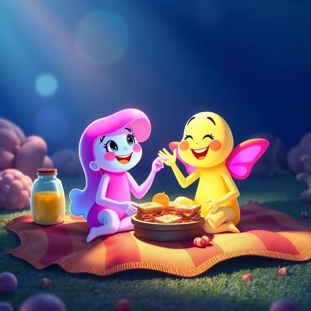 Jelly and Starry sitting on a blanket, enjoying their picnic, laughter in the air with sandwiches and juice jug around, happiness and friendship, bright colors, soft illumination, vibrant underwater scene, detailed digital art, inviting quality