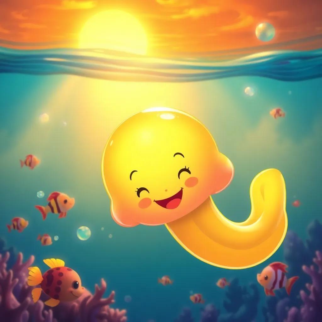 Jelly happily swimming home under a sunset-lit ocean, planning her next adventure with a smile, colorful fish and bubbles around, cheerful ambiance, vibrant sunset colors, magical underwater world, digital art, high quality