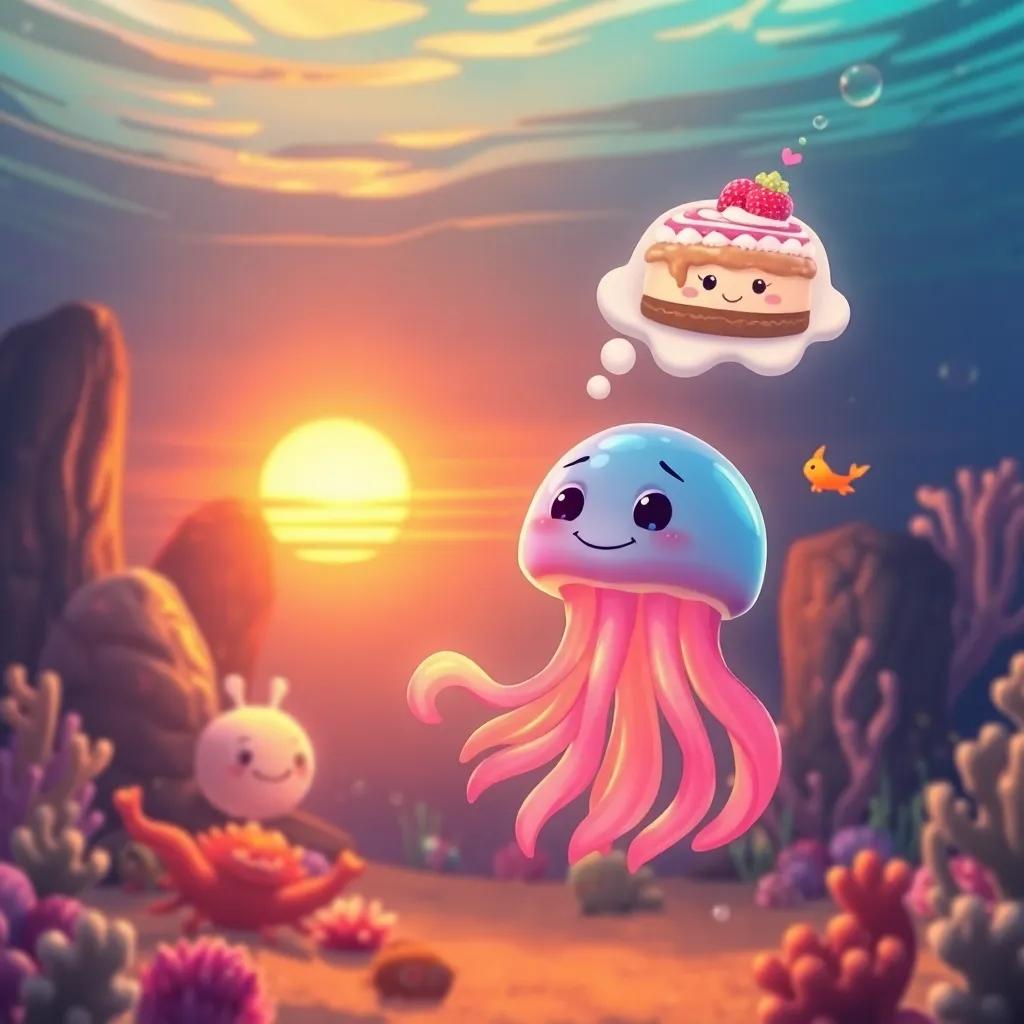 A beautiful underwater sunset with Jelly the jellyfish dreaming about her next cake adventure, surrounded by happy sea creatures, warm and inviting, whimsical atmosphere, glowing colors, high detail, child-friendly digital art