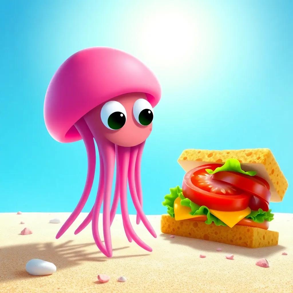 Jilly the jellyfish, getting closer to a giant sandwich on the sand, big slices of tomato and lettuce, shining sun above, colorful, engaging scene, digital illustration, playful, inviting atmosphere