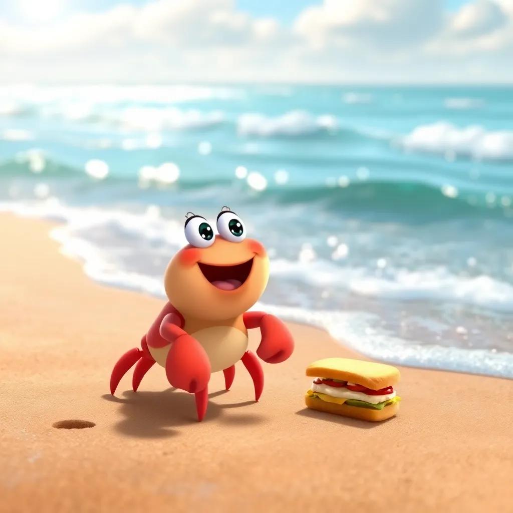 A little crab, tiny and cheerful, talking to Jilly about the sandwich, wide beach with shimmering waves, joy in the air, cartoonish style, bright colors, friendly scene