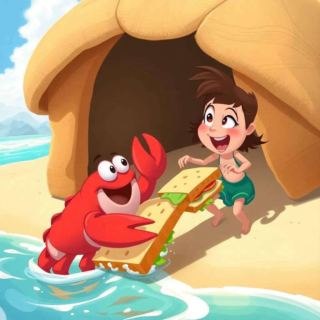 Jilly and the crab working together to slide the sandwich towards the water, both looking excited, sunny beach, dynamic action, colorful, digital drawing, whimsical