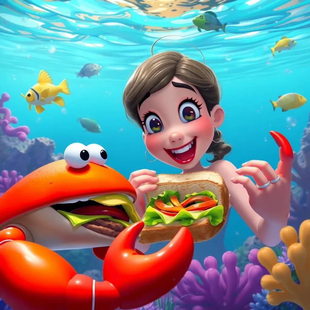 Jilly about to take a big bite of the sandwich in the water with the crab clapping his claws beside her, underwater view with colorful sea life around, joyful expression, vibrant art, inviting