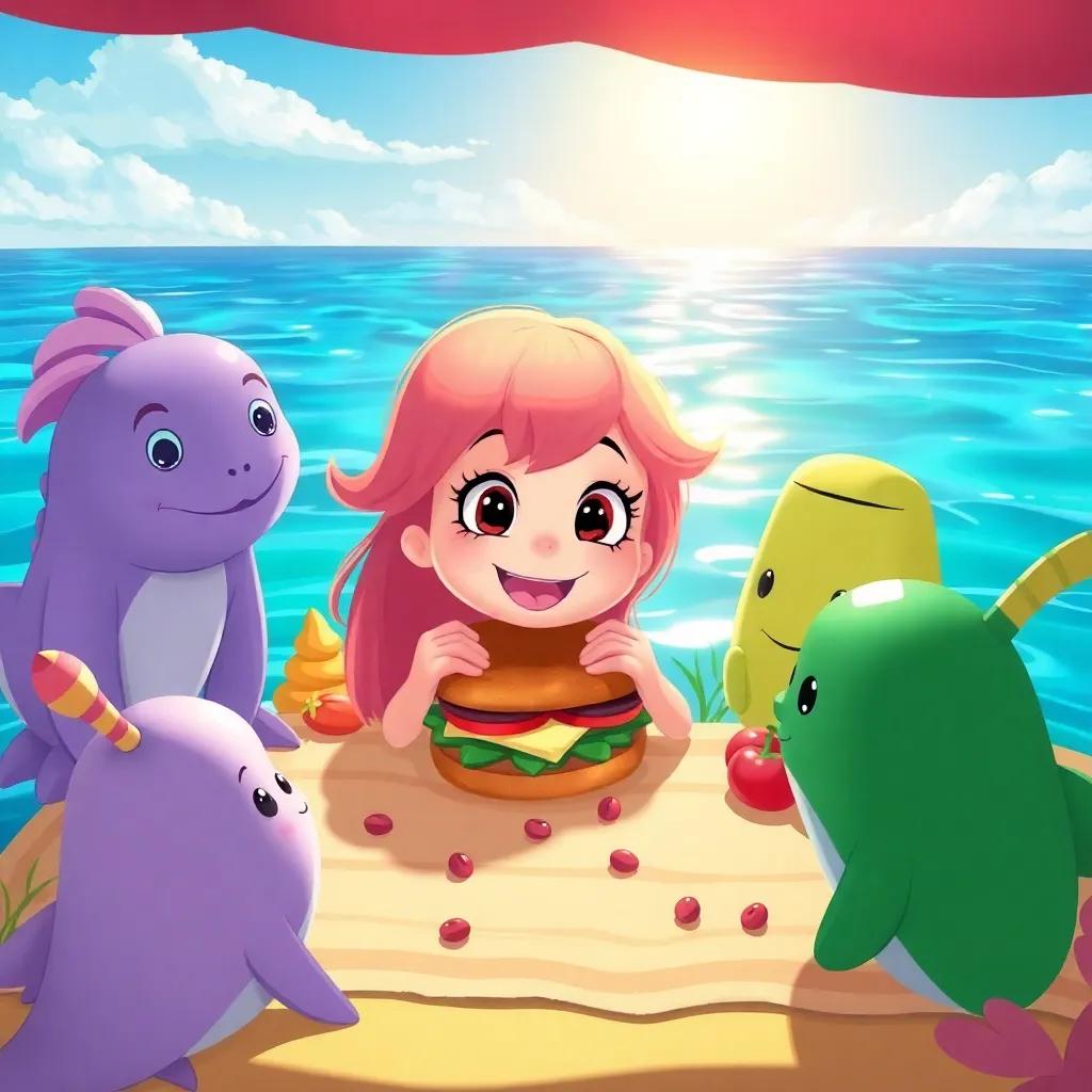 Jilly enjoying the sandwich while surrounded by friends, different sea creatures joining the picnic, bright sunlit ocean, friendly atmosphere, happy scene, illustration