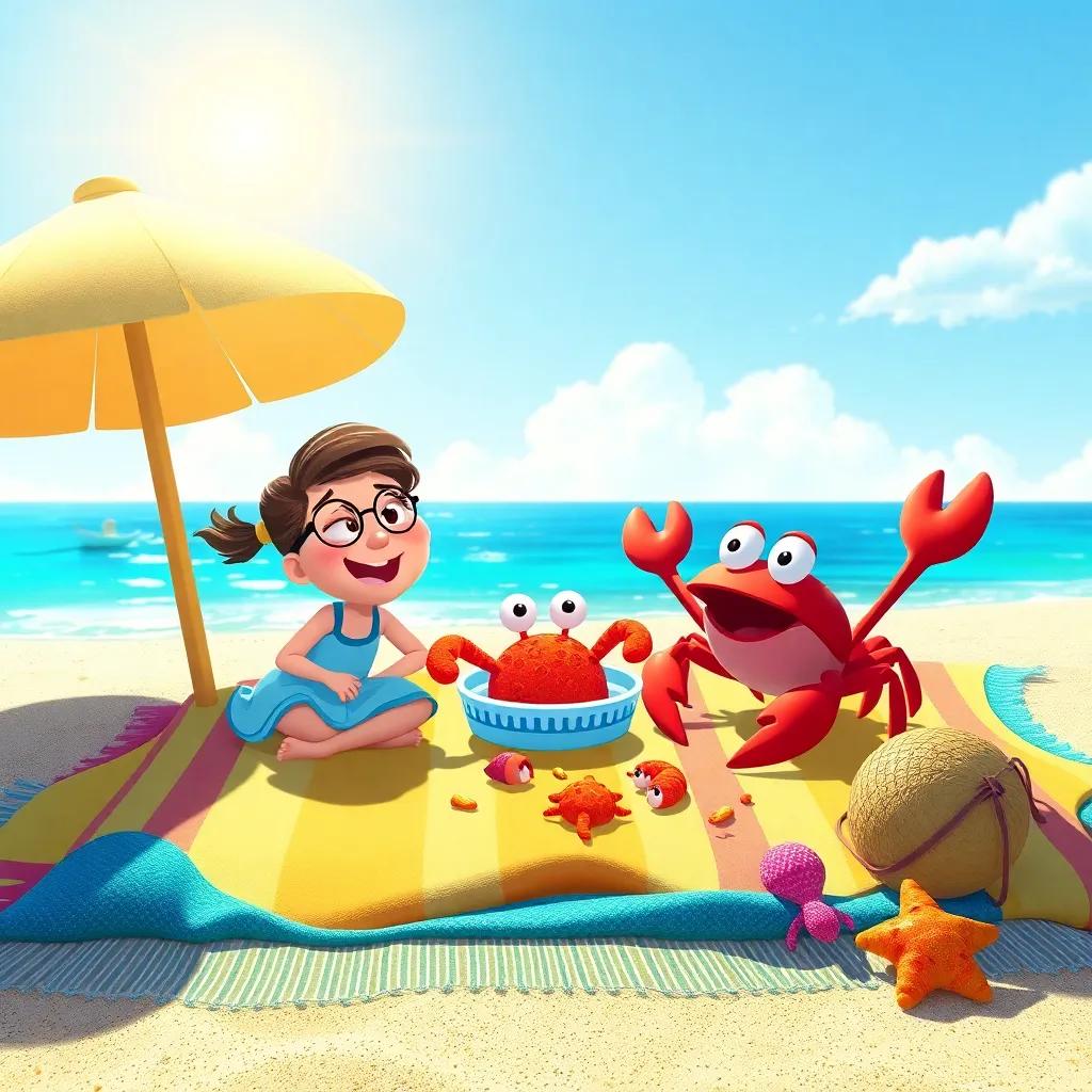 A sunny beach picnic scene with Jilly, the crab and sea creatures, colorful blanket with crumbs and laughter, warm afternoon light, happy expressions, cheerful