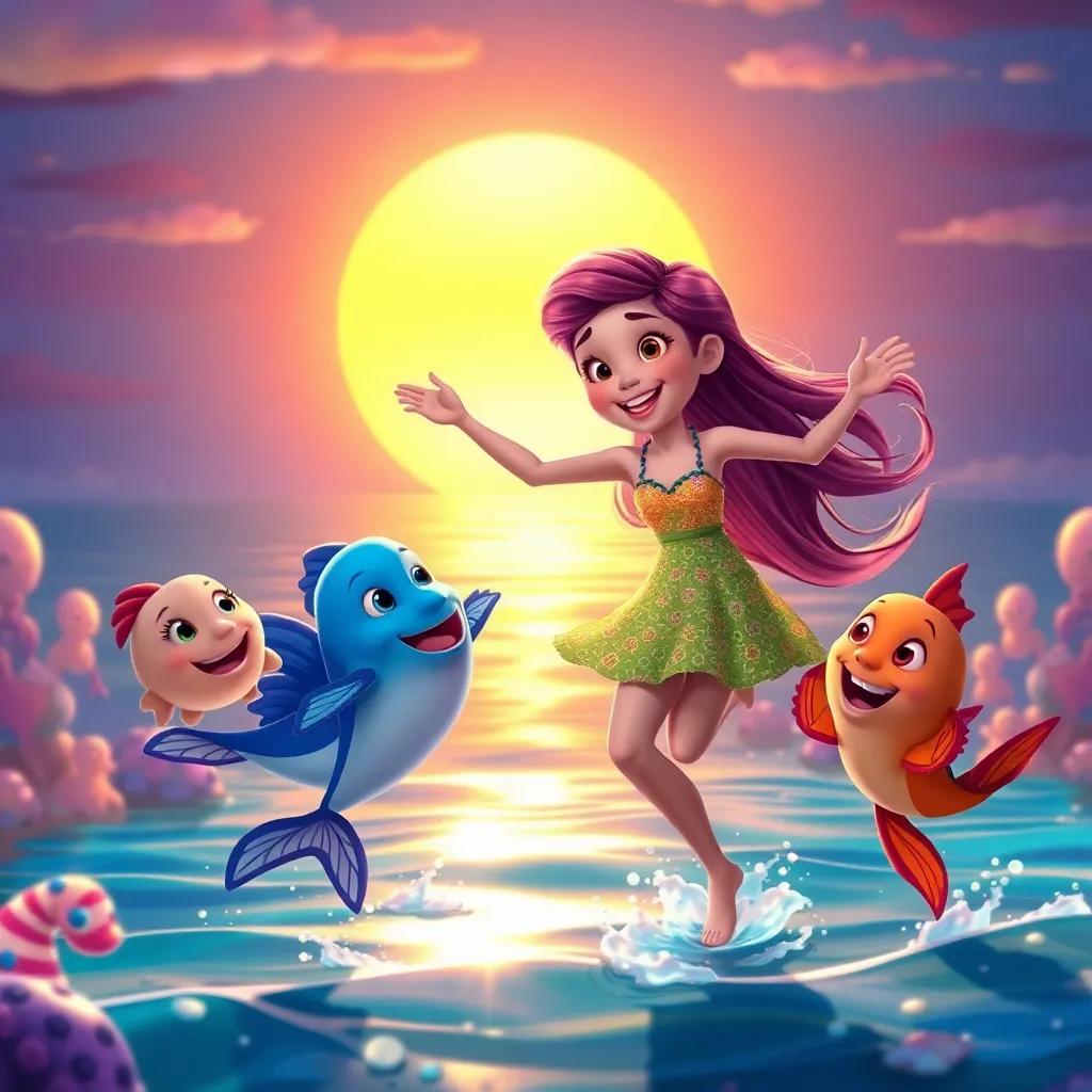 Jilly dancing with her sea friends as the sun sets behind them, vibrant colors and joyful movements, celebrating friendship, digital painting, uplifting