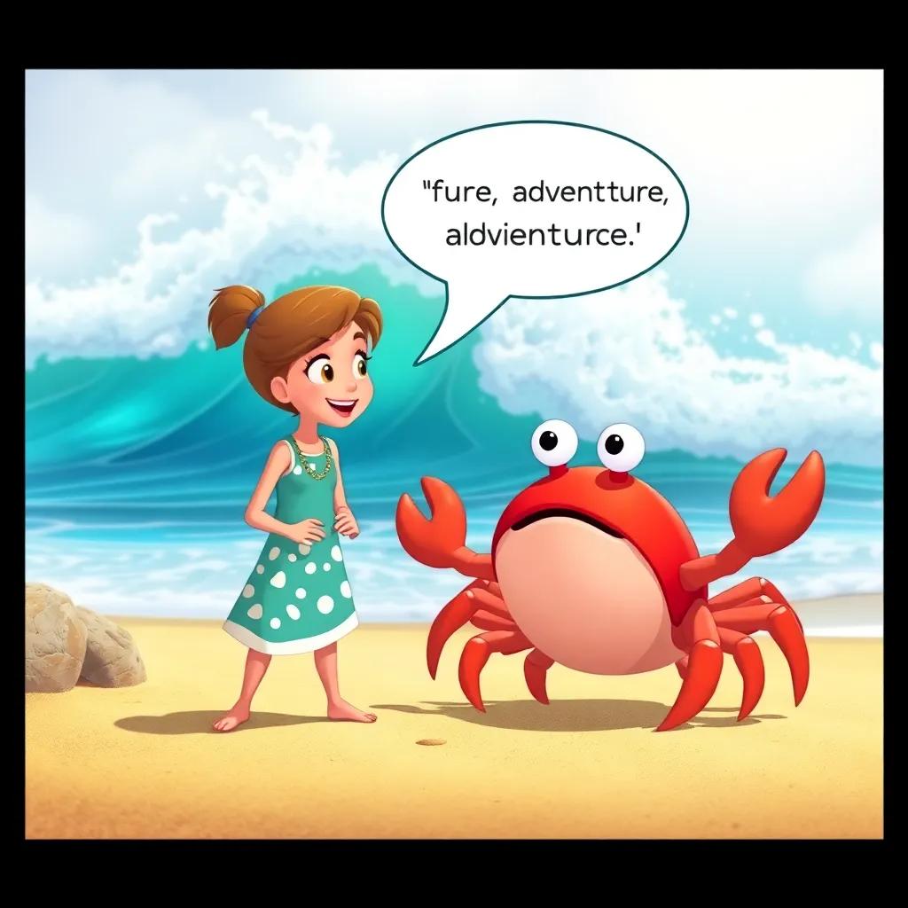 Jilly talking to the crab about future adventures, both looking excited on a sunny beach with waves crashing in the background, charming style, bright
