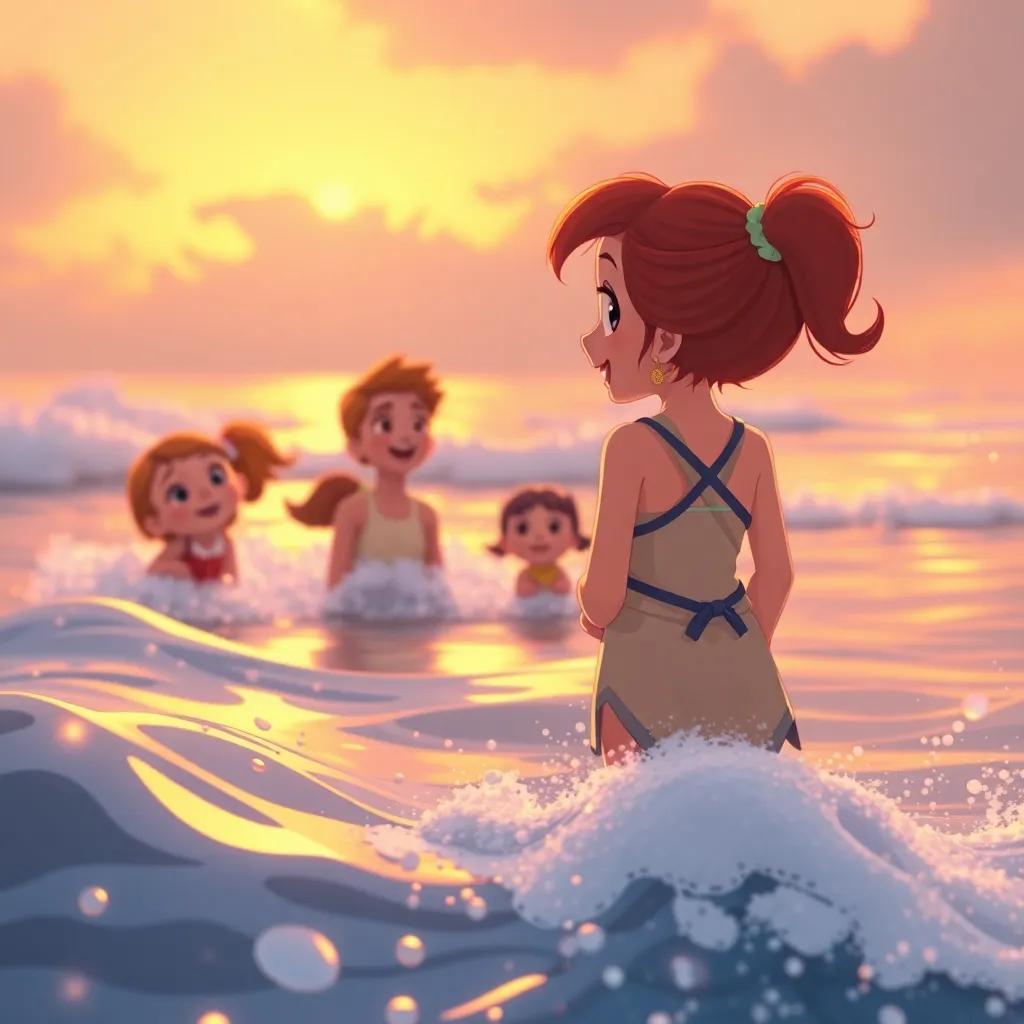 Jilly looking back at her friends as they play in the waves, warm sunset colors and happy expressions, a peaceful end to the day, heartwarming scene