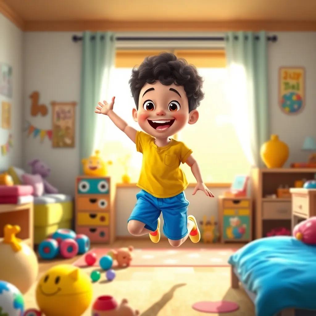 A happy 7-year-old boy, Jericho, with short curly hair, wearing bright blue shorts and a yellow t-shirt, bouncing out of bed in a cozy bedroom filled with toys and sunlight, digital art, cheerful mood, vibrant colors, inviting atmosphere, high quality