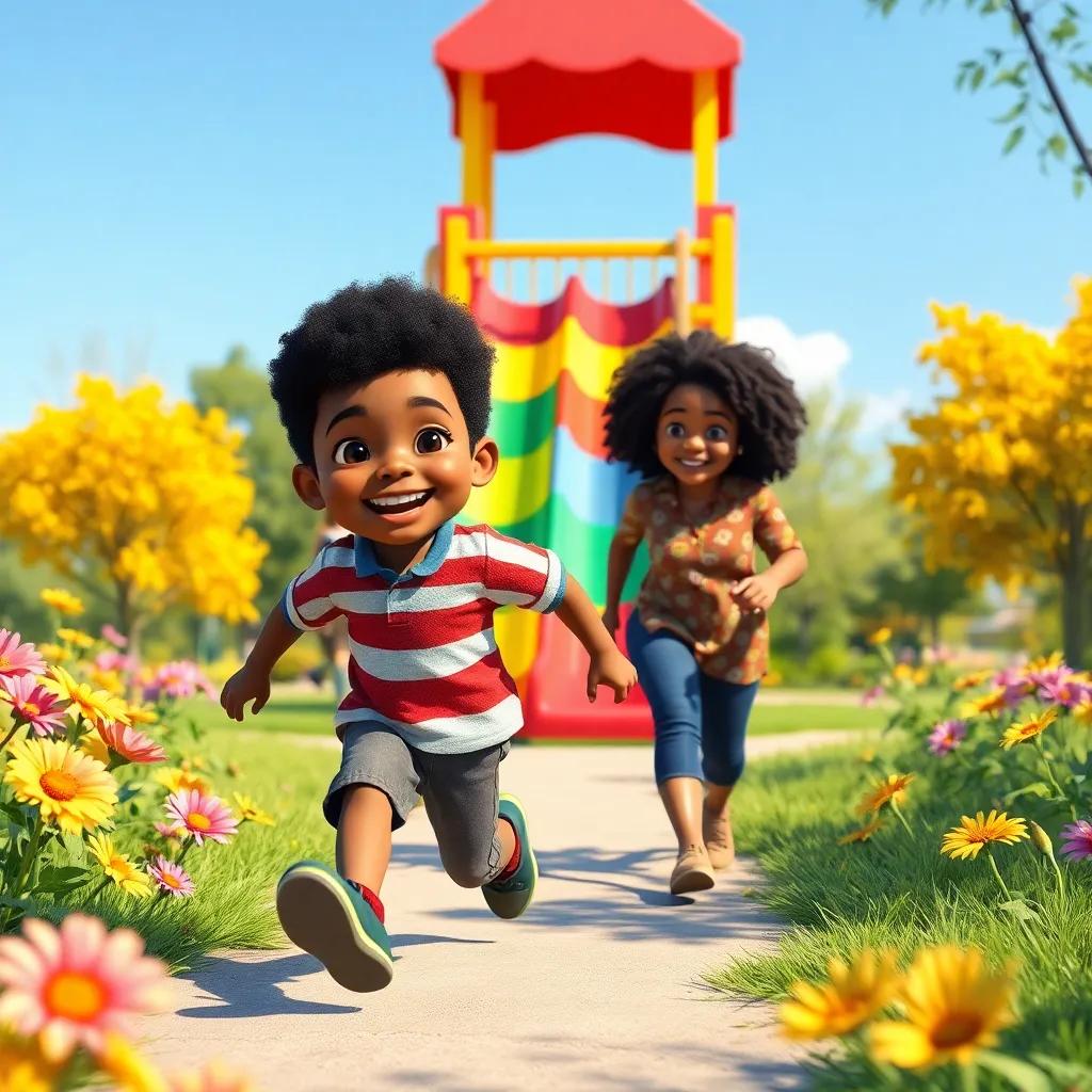 Jericho, a cheerful 7-year-old boy, running towards a big colorful slide in a sunny park, with bright flowers blooming around him and his mom Kiyah, a middle-aged woman with curly hair in a cheerful shirt, following close behind, joyful, vivid colors, child-friendly, high quality