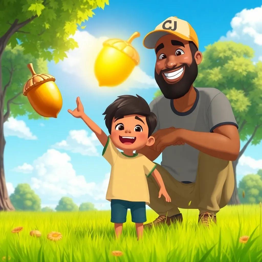Jericho, excitedly holding up a shiny golden acorn, with his mom Kiyah and dad CJ, a tall man with a friendly smile wearing a cap, squatting next to him in a grassy park, showcasing a beautiful day with blue skies and fluffy clouds, illustration, dynamic scene, friendly atmosphere, child-friendly