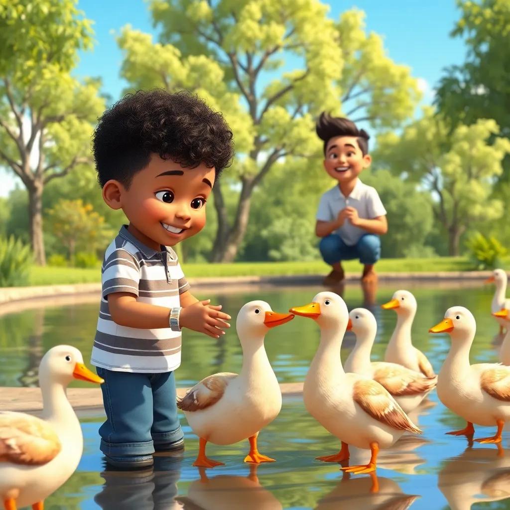 Jericho feeding ducks at a pond with his mom Kiyah and dad CJ laughing in the background, surrounded by green trees and a clear blue sky, ducks waddling happily towards him, vibrant colors, cheerful and engaging, high quality