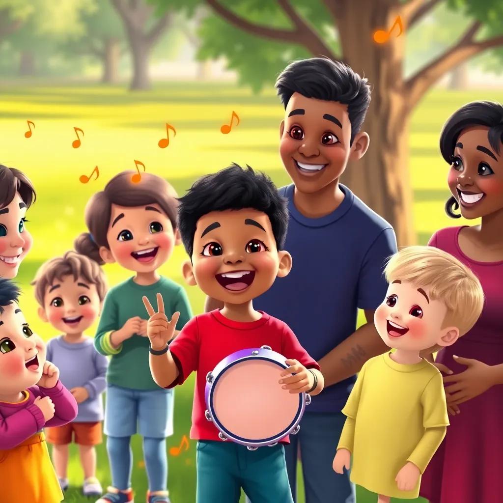 Jericho joyfully playing a tambourine with other children in the park, bright colors and musical notes around him, with lively expressions on their faces, his parents Kiyah and CJ watching proudly from the side, digital illustration, friendly, enthusiastic vibe, child-friendly