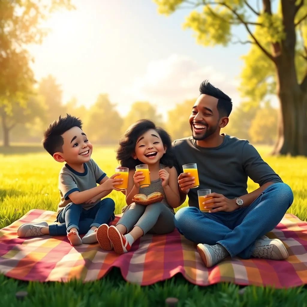 Jericho, his mom Kiyah, and dad CJ sitting on a colorful picnic blanket in the park, enjoying sandwiches and juice together, with laughter on their faces and a sunny sky above, warm colors, happy family moment, high quality