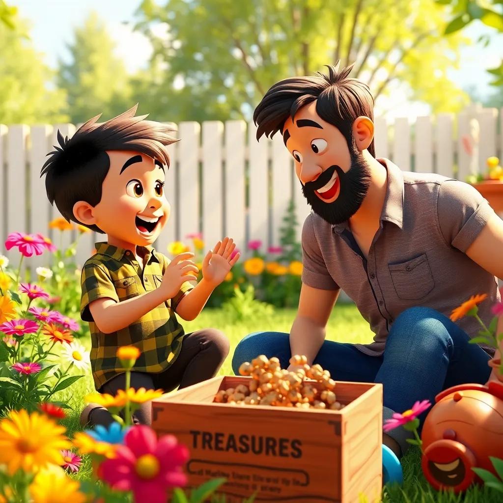 Jericho excitedly discussing treasure hunting plans with his dad CJ, in a bright backyard filled with flowers and playful toys, including a box labeled 'TREASURES', colorful afternoon light, playful atmosphere, high quality