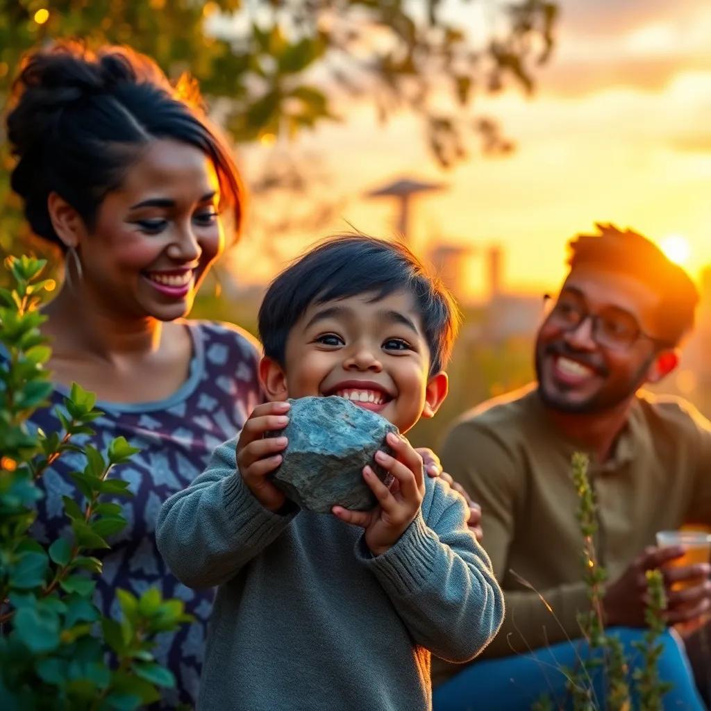 Jericho delightedly holding a cool rock he found during the treasure hunt with his mom Kiyah and dad CJ smiling nearby, surrounded by greenery and twinkling lights as the sun sets, joyful moment, child-friendly, warm colors, high quality