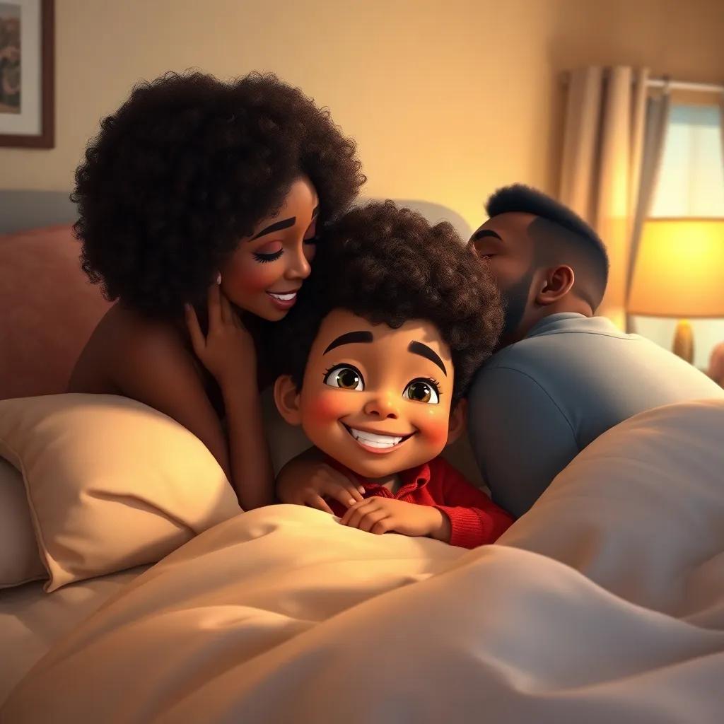 A cozy scene of Jericho, a young boy with curly hair, snuggled in bed with a big smile, with his mom Kiyah and dad CJ kissing him goodnight in a warmly decorated bedroom, soft lighting, loving atmosphere, high quality