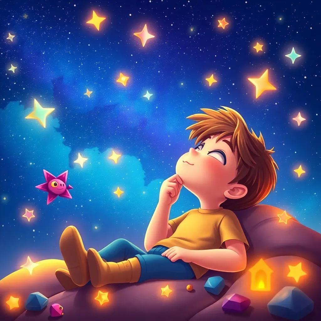 Jericho dreaming of adventures under a starlit sky, with twinkling stars and colorful curious treasures floating around him, illustrating the excitement of his dreams, imaginative and magical, vivid colors, high quality