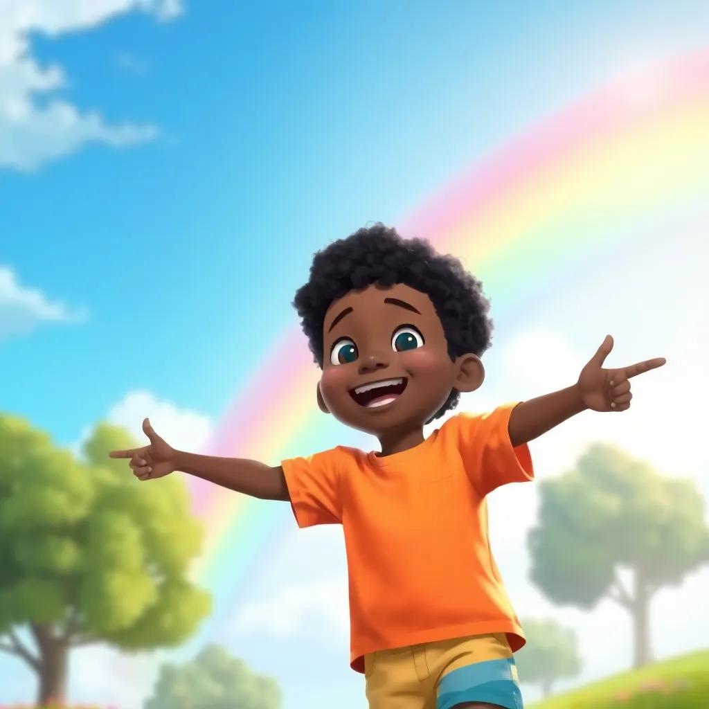 A happy boy, Jericho, a 7-year-old boy, part Black, with short curly hair, wearing a bright t-shirt and shorts, joyfully pointing at a rainbow in the sky, sunny park background, digital art, cheerful atmosphere, vibrant colors, high detail