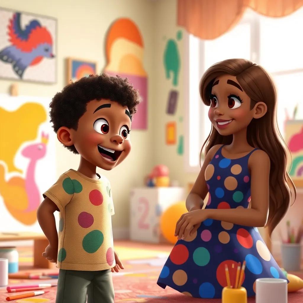 Jericho, a 7-year-old boy, with short curly hair, excitedly talking to his mom, Kiyah, a white woman with long brown hair, wearing a fun patterned dress, in a colorful room with paint and brushes scattered around, creative vibe, digital art, child-friendly, lively