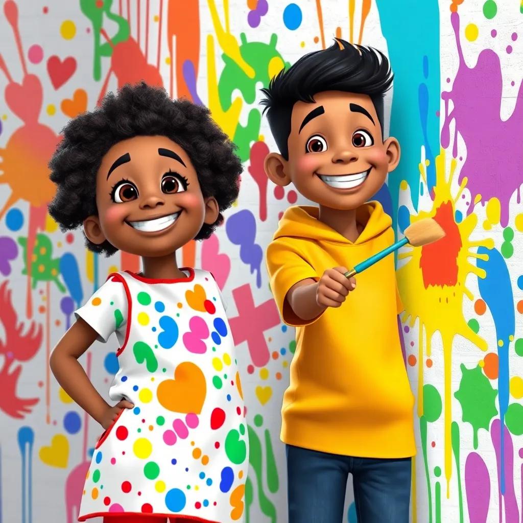 Kiyah and Jericho painting a colorful mural on the wall, Jericho wears a smock covered in paint, Kiyah is guiding him with a big smile, bright colors and splashes everywhere, playful atmosphere, high detail, digital art