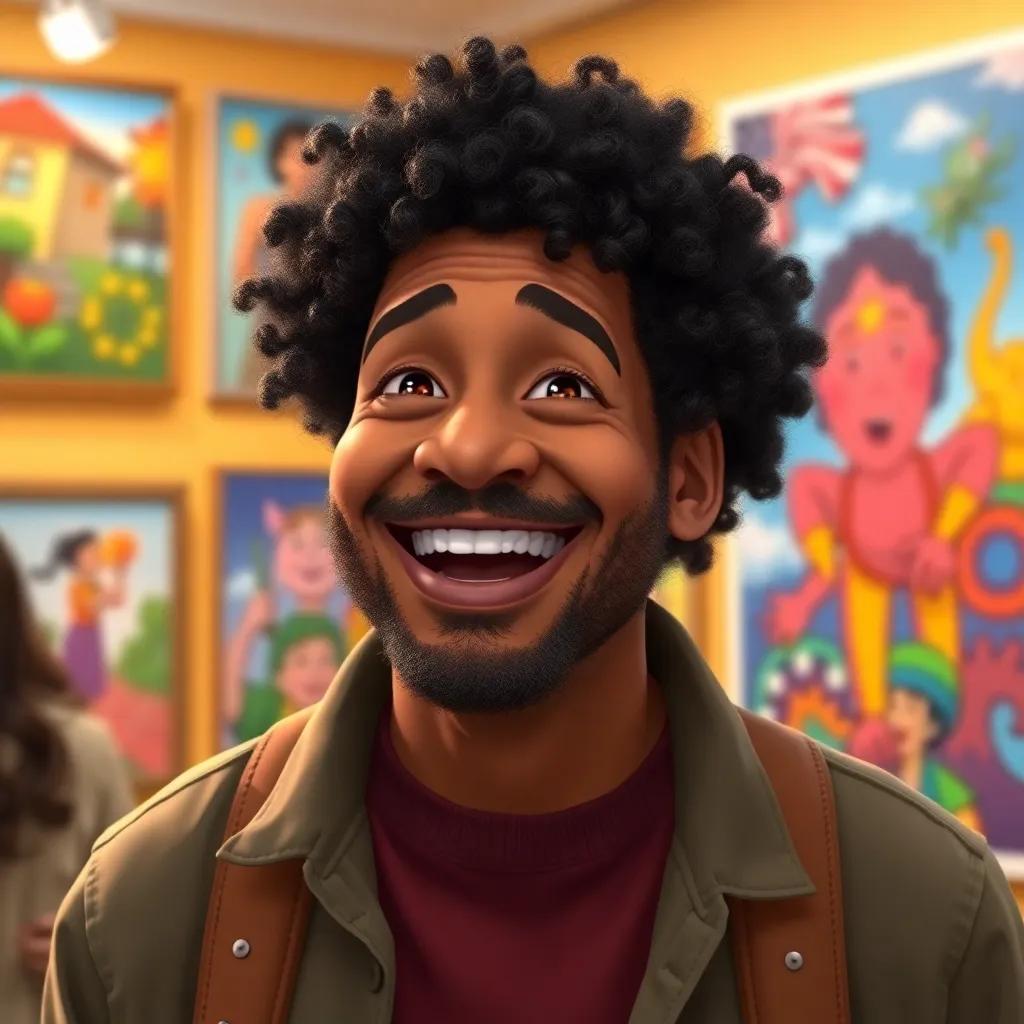 Jericho's dad, CJ, a mixed-race man with curly hair, smiling widely at Jericho’s art show, colorful paintings in the background, a proud expression on his face, warm and inviting atmosphere, digital art, lively and engaging