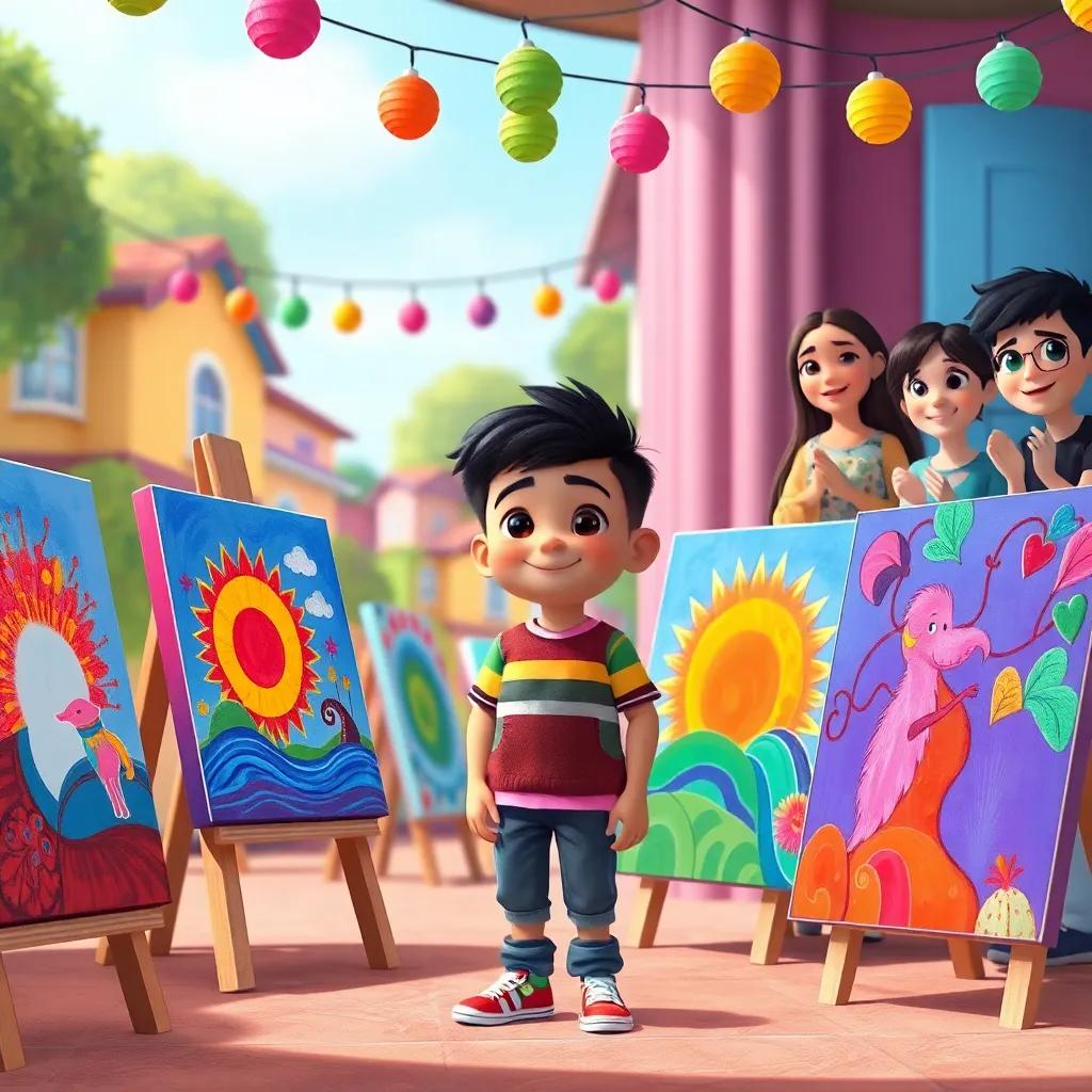 Jericho standing next to his colorful paintings during his art show, neighbors in the background clapping and smiling, his parents cheering him on, vibrant decorations, digital art, joyful celebration, child-friendly