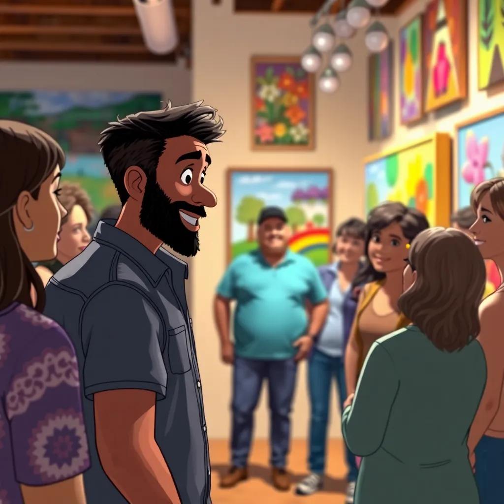 Jericho speaking to a group of neighbors at his art show, explaining his paintings with excitement, everyone around him smiling, colorful paintings on the walls, bright and happy atmosphere, digital art, engaging scene