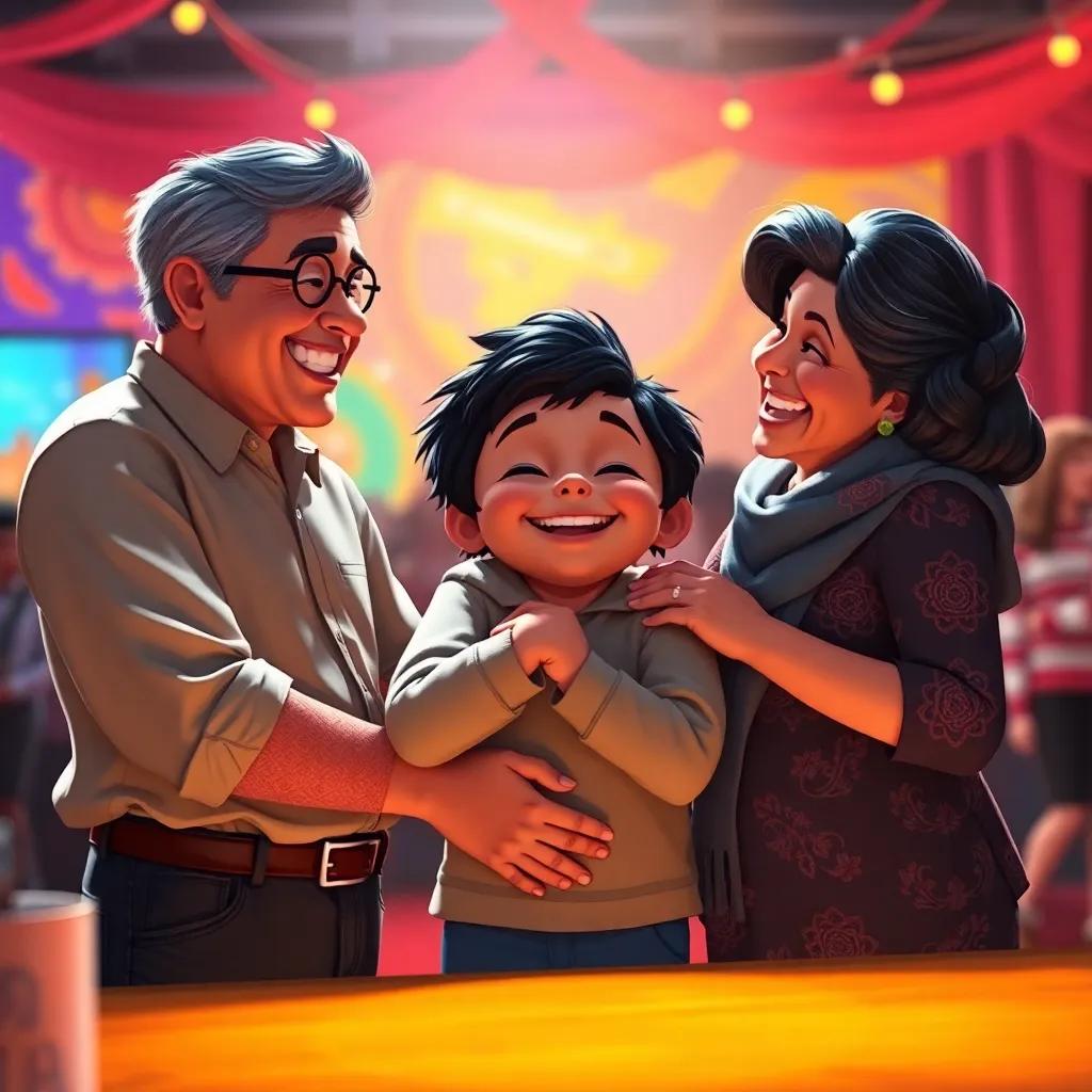 Art show with Jericho celebrating with his parents after a successful event, happy family hug, colorful art in the background, warm lighting, heartwarming scene, digital art, emotional