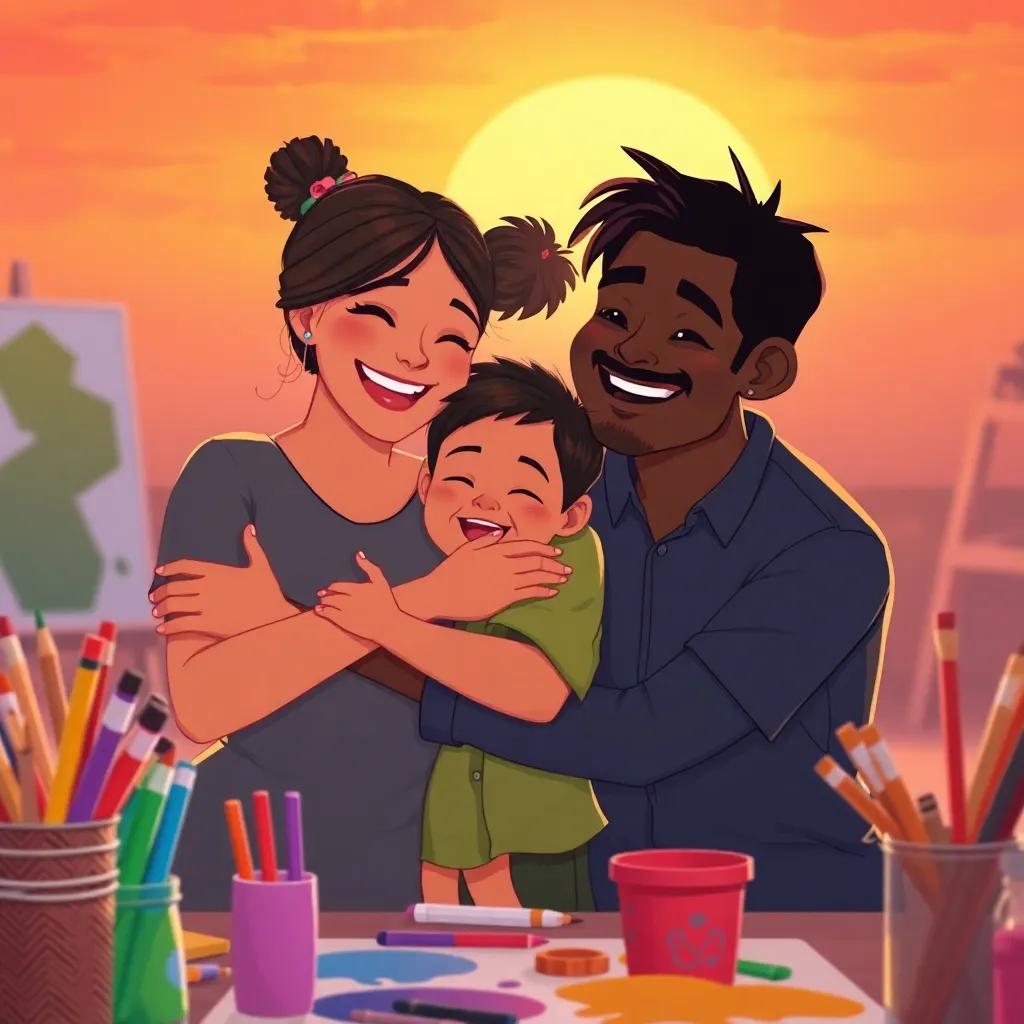 Jericho hugging his mom Kiyah and dad CJ, with colorful art supplies around them, love and joy on their faces, glowing sunset in the background, family bond, digital art, uplifting and warm