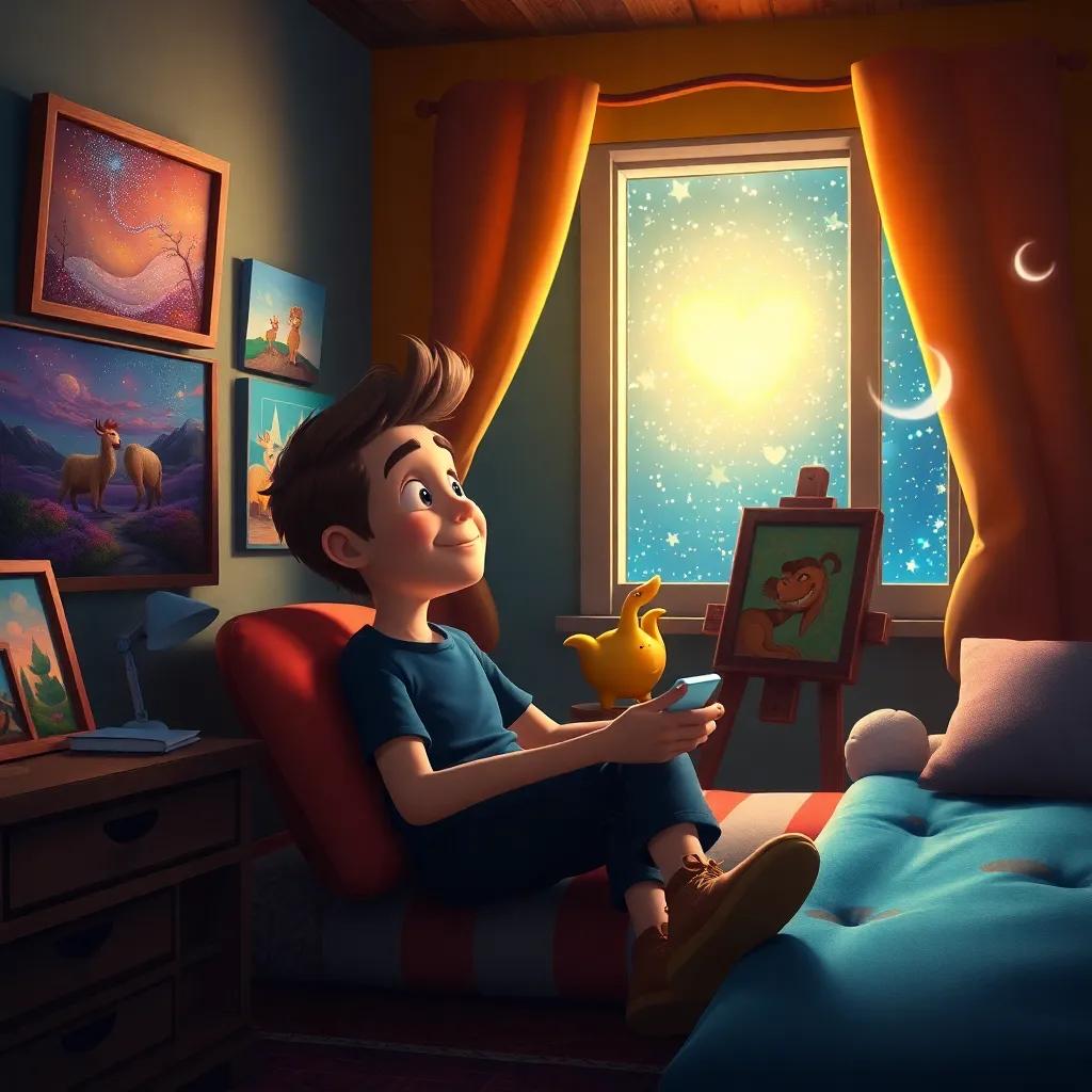 Jericho in his colorful room, looking at his paintings and daydreaming, stars shining outside the window, heart full of dreams, cozy atmosphere, digital art, whimsical