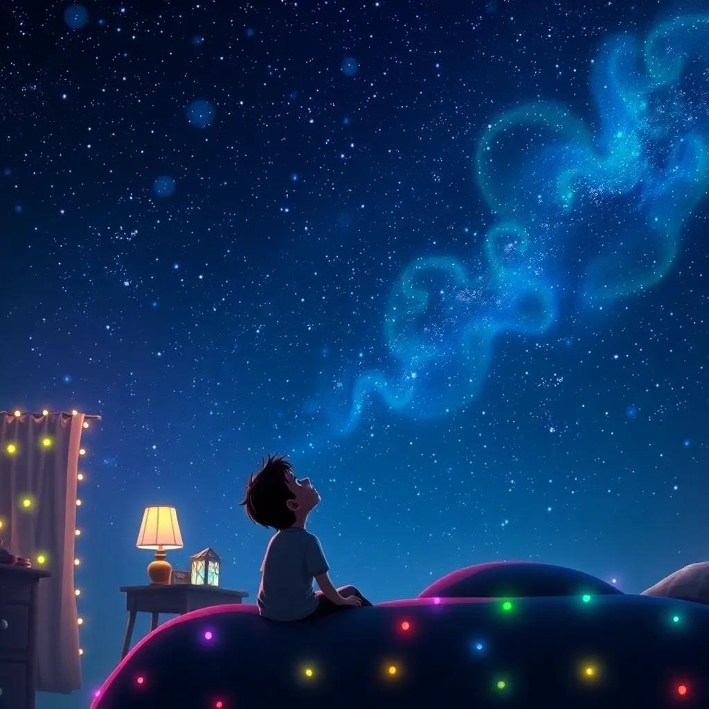 Jericho gazing at the night sky filled with stars, whispering his dreams to the universe, his room glowing with the colorful lights of his art, magical feeling, digital art, enchanting scene